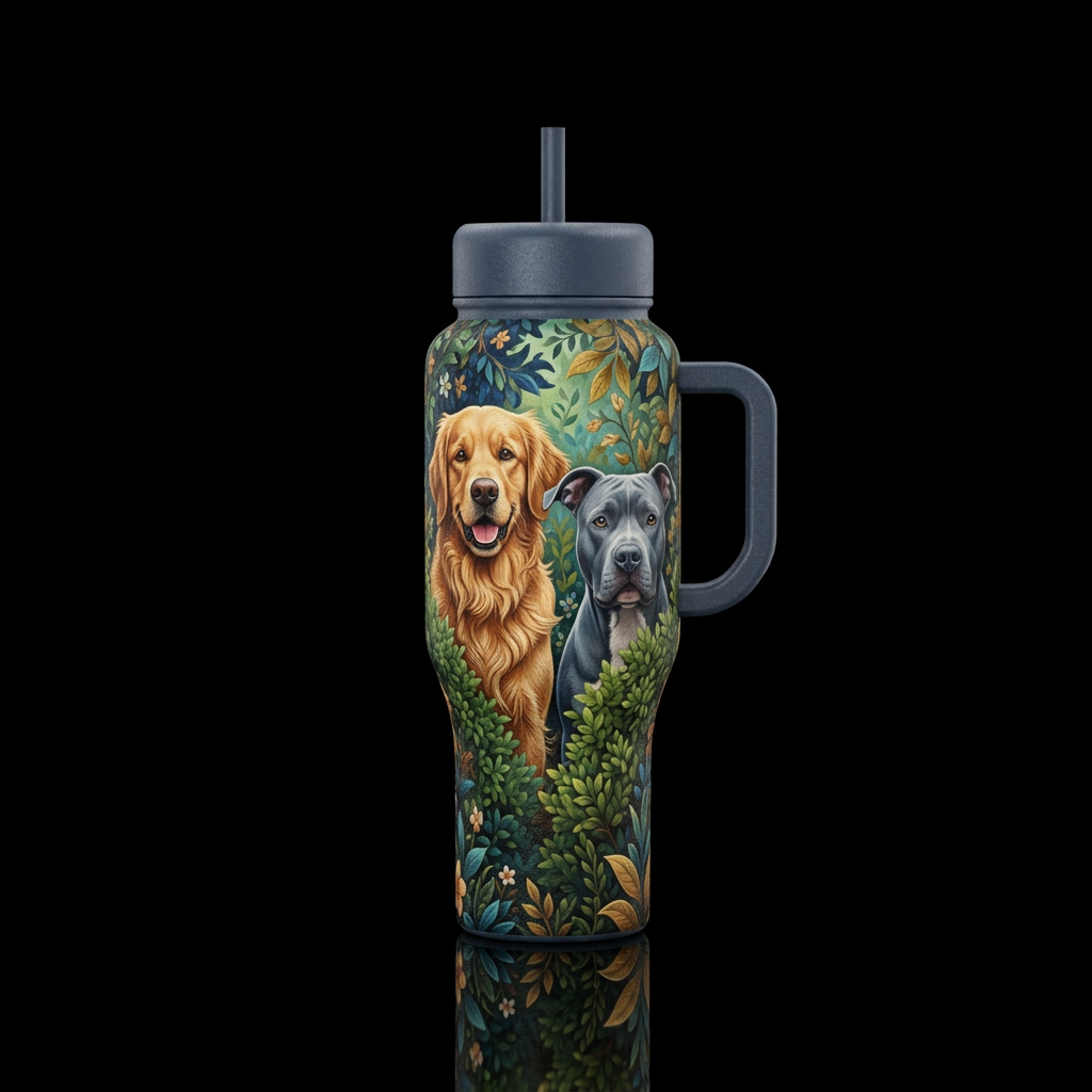 Golden Retriever and Blue Pit Bull playing outside... water bottle design