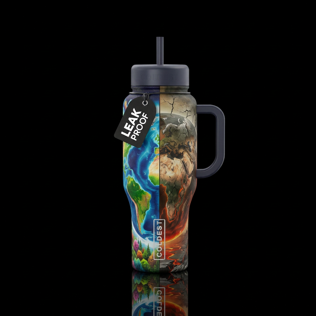 1/2 bottle living earth, 1/2 bottle dying planet water bottle design