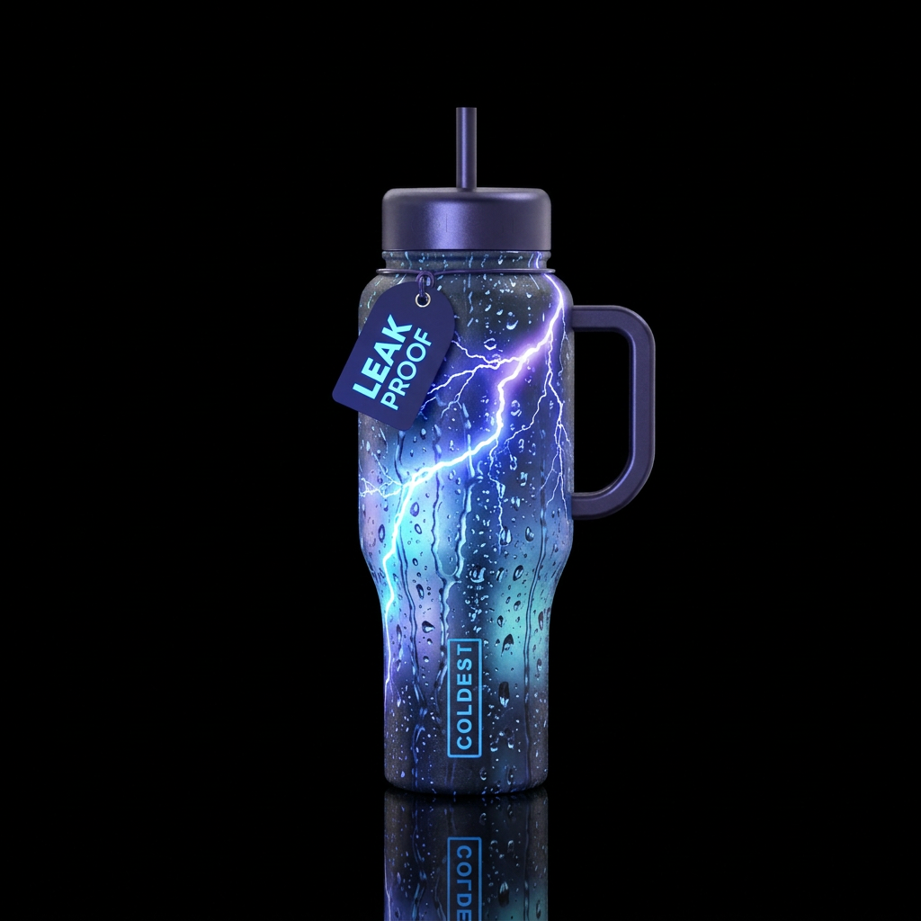 Rain on the windowpane, lightning, glow water bottle design