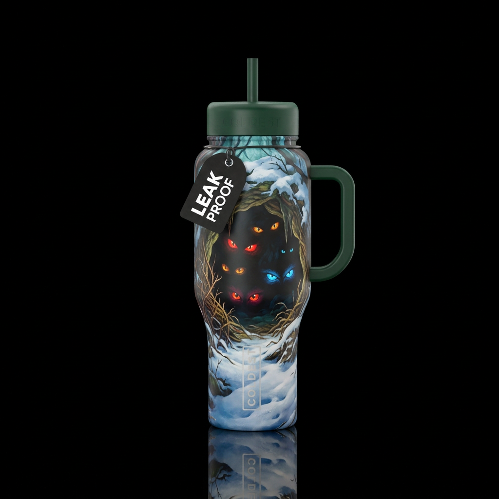 Glowing eyes , Cave covered in brush and snow water bottle design
