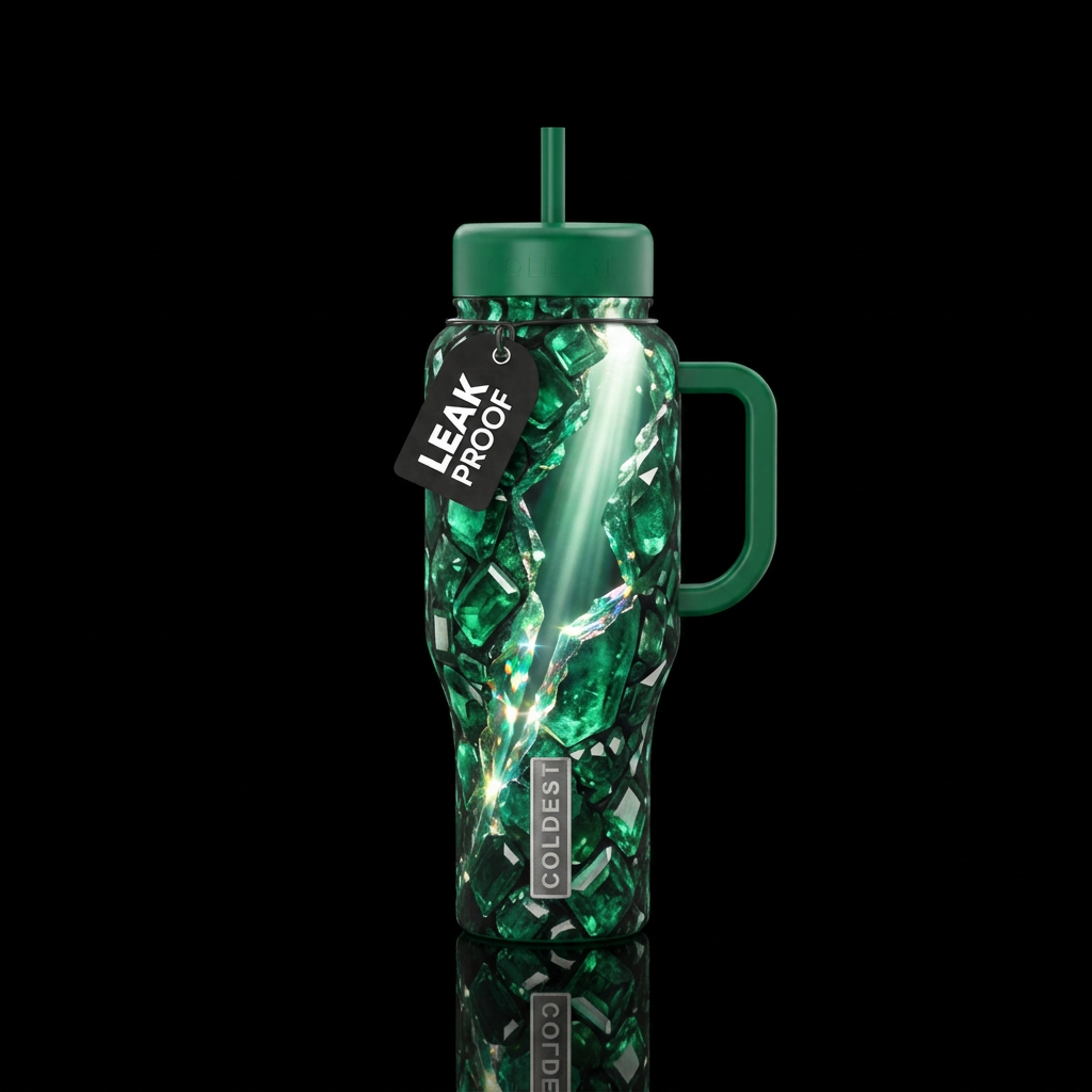 emeralds, textured, light shining into darkness water bottle design