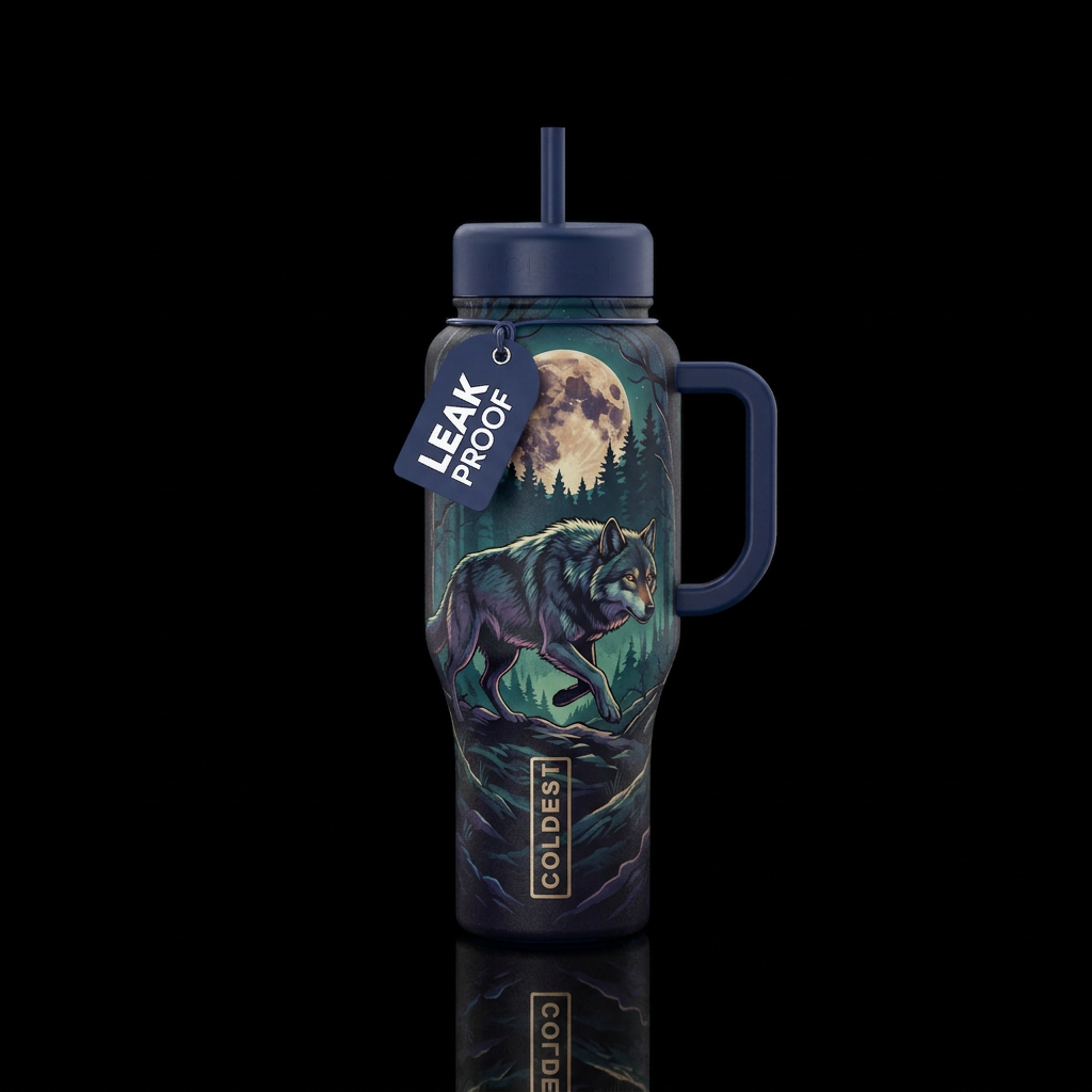 Wolf , dark, hunting, moon water bottle design