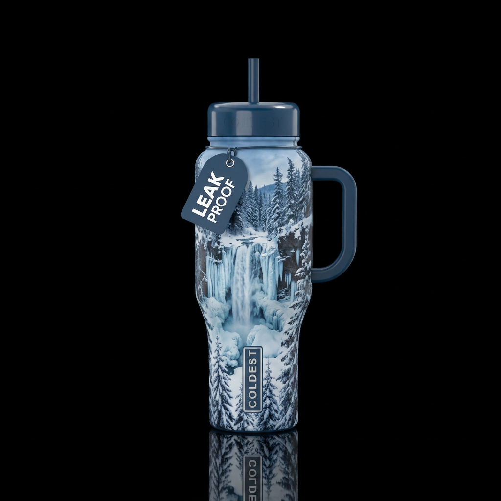 Waterfall, snow, ice,  snow covered trees water bottle design