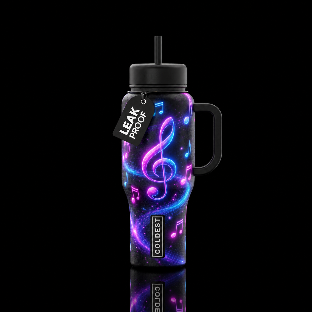 music notes, glowie, artistic, dark mood water bottle design