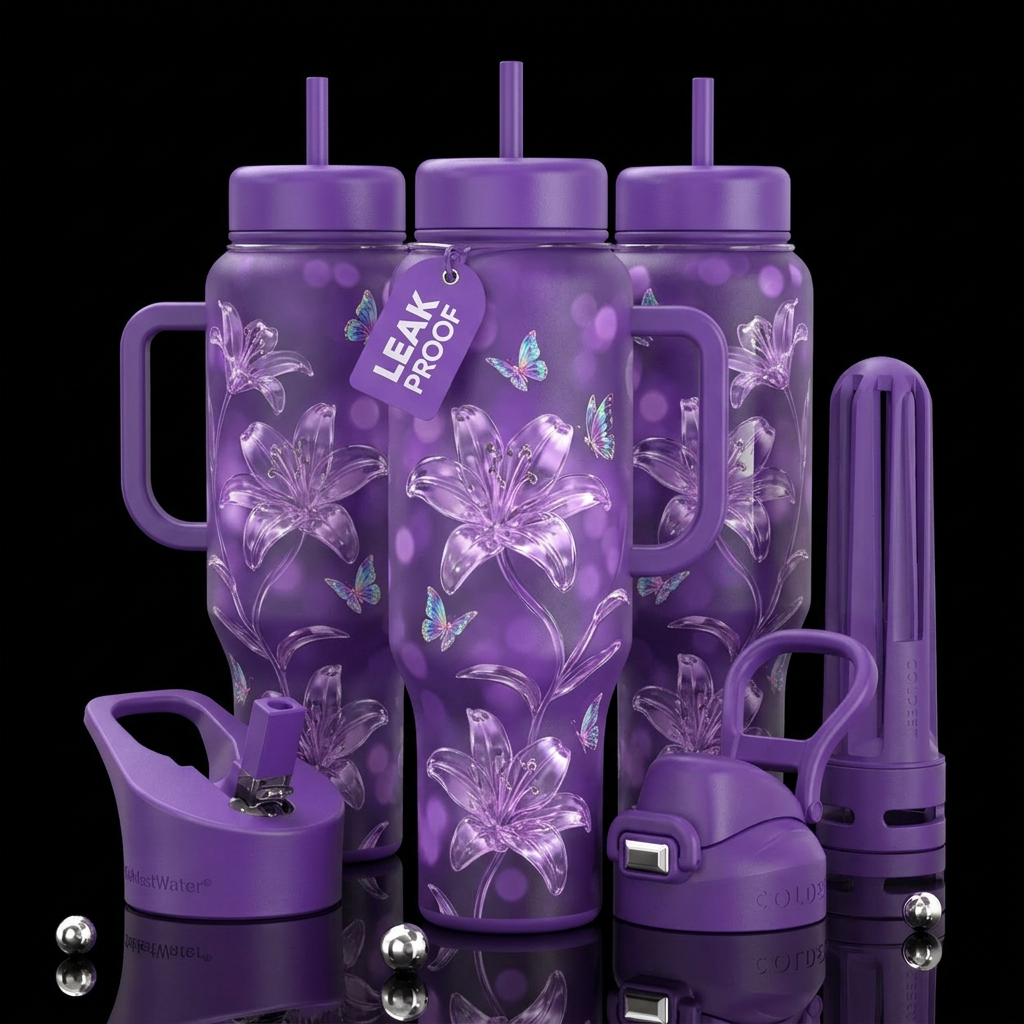 Transparent Lilies in Violet water bottle design