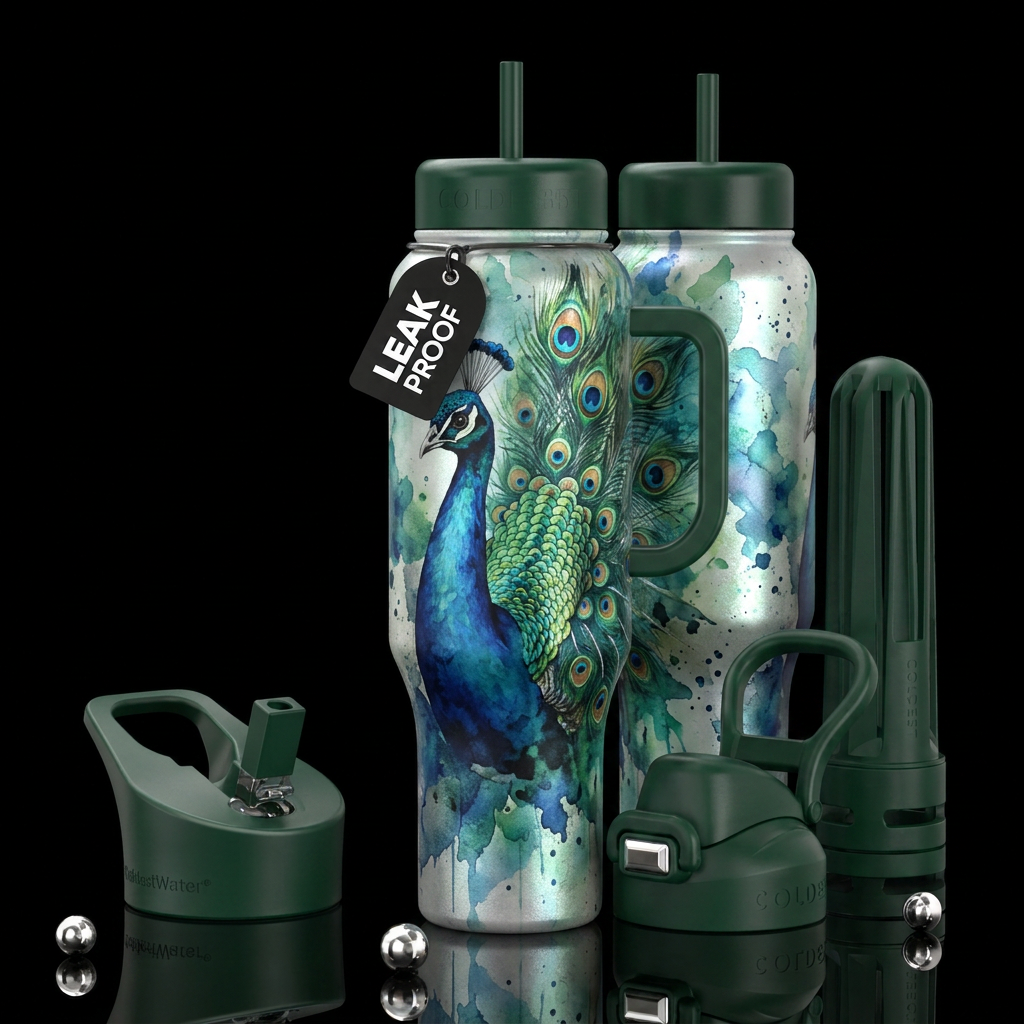 Shiny Peacock in Watercolor water bottle design