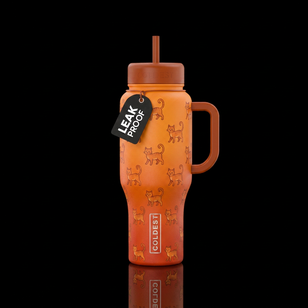 Orange Ombre cup with repeated cats in a walking s... water bottle design
