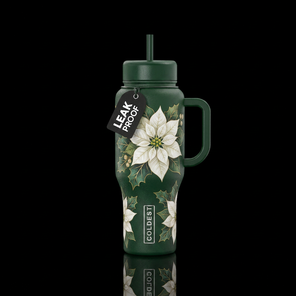 Give me a Christmas cup with a beautiful white poi... water bottle design