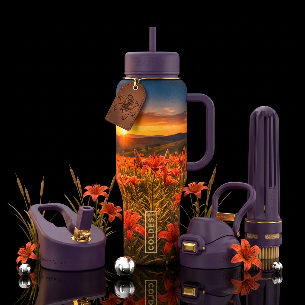 A field of Tiger Lillie’s at sunset water bottle design