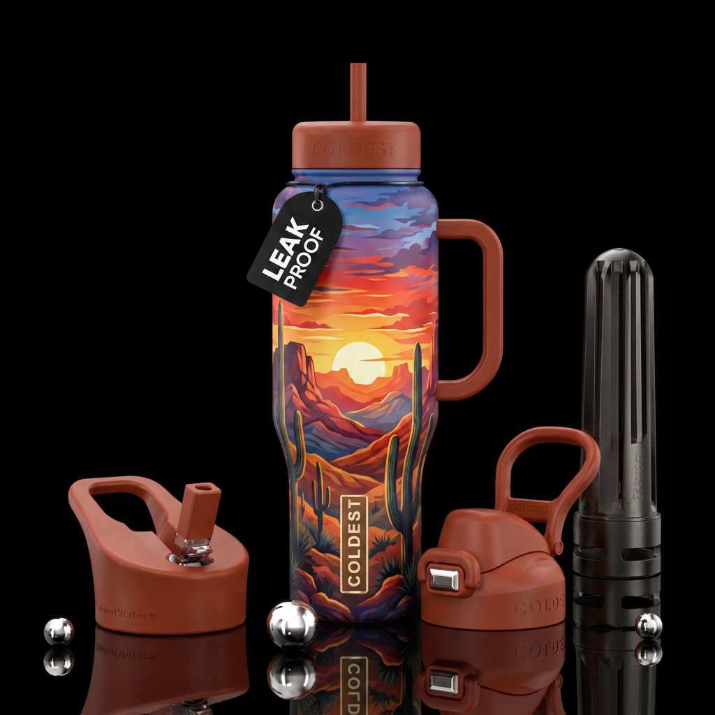 Arizona sunset with sun and cacti and mountains water bottle design