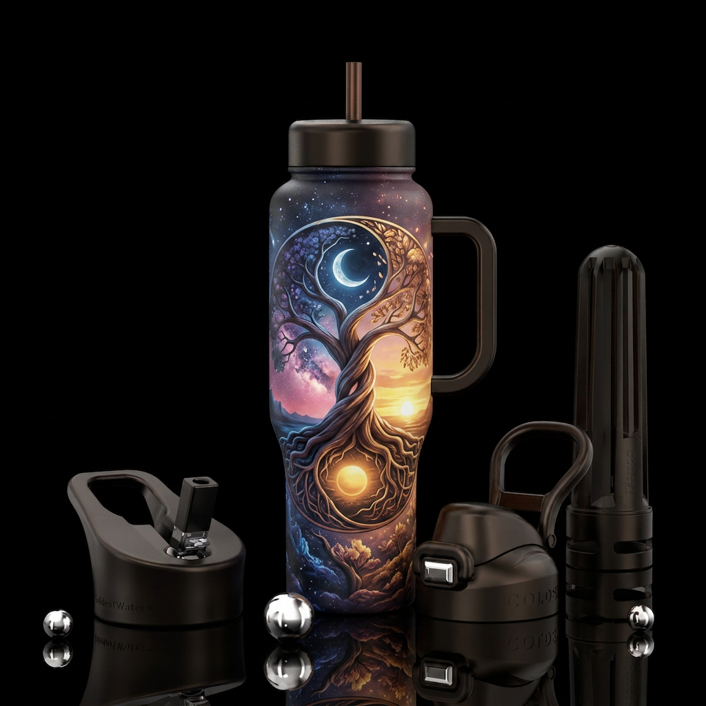 Yinyang tree of life with one side night and one s... water bottle design