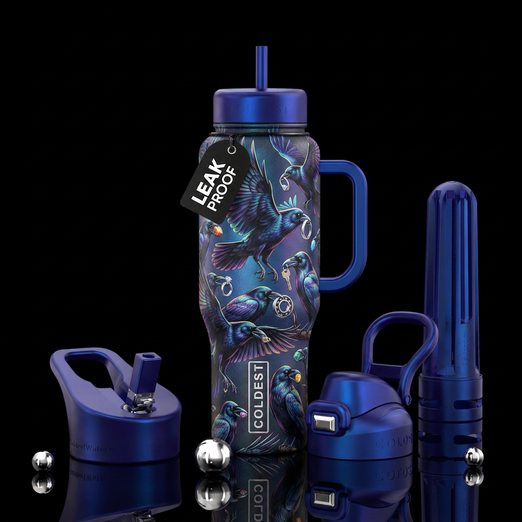 A murder of crows with shiny things in their mouth... water bottle design