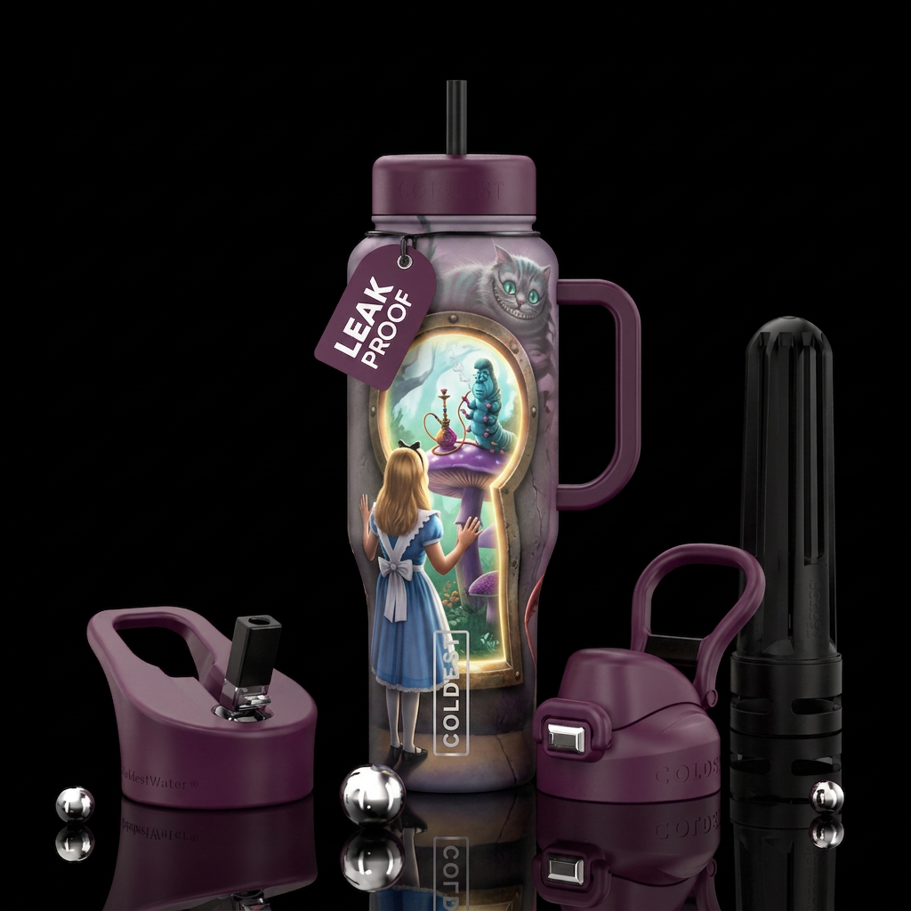 Alice standing with her back to us outside of a gi... water bottle design