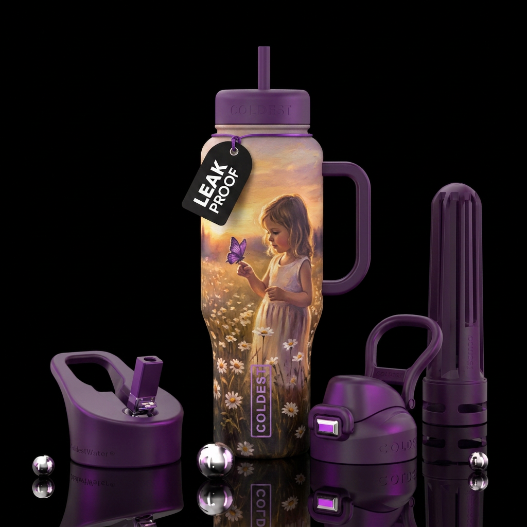 oil painted little girl holding a purple butterfly... water bottle design