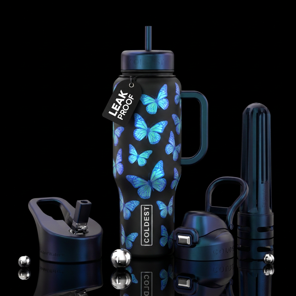 glowie, irridescent blue butterflies water bottle design