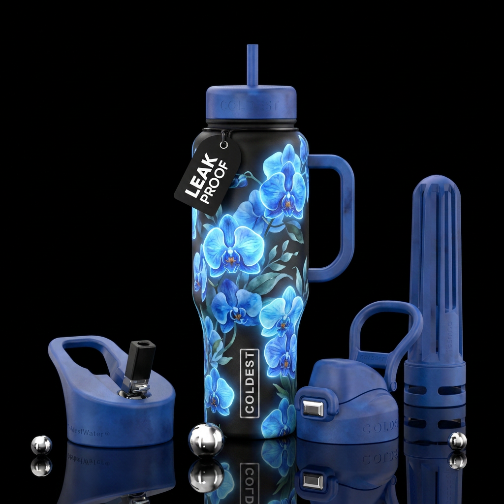 Vibrant glowie watercolor blue orchids water bottle design