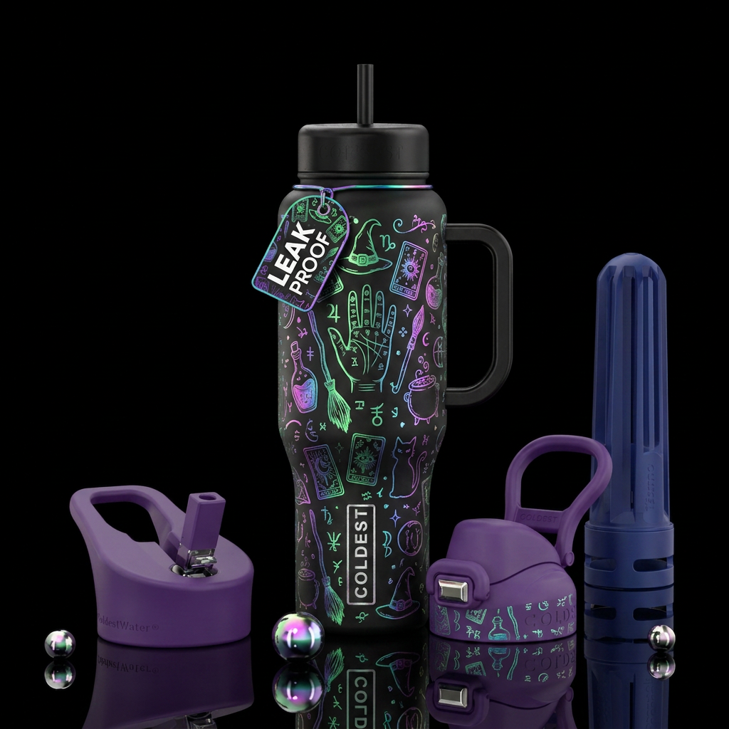 Witchy theme with tarot cards,  palm reading, poti... water bottle design