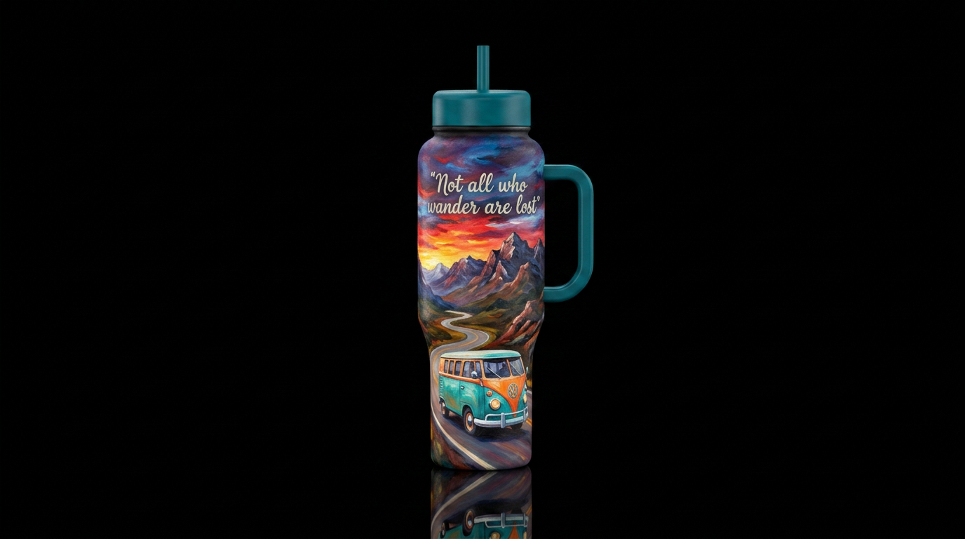 Vibrant oil painted retro VW bus driving down mid ... water bottle design