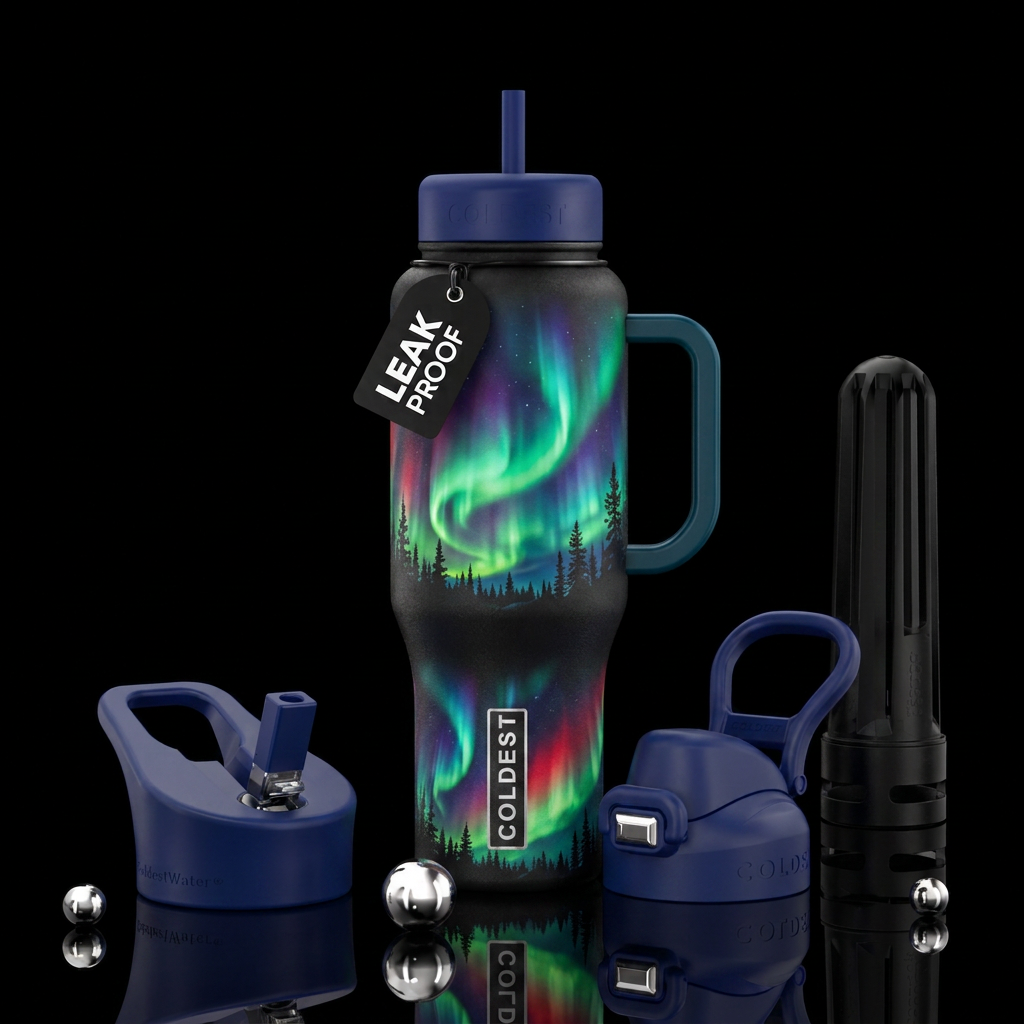 Vibrant Northern lights skyline water bottle design