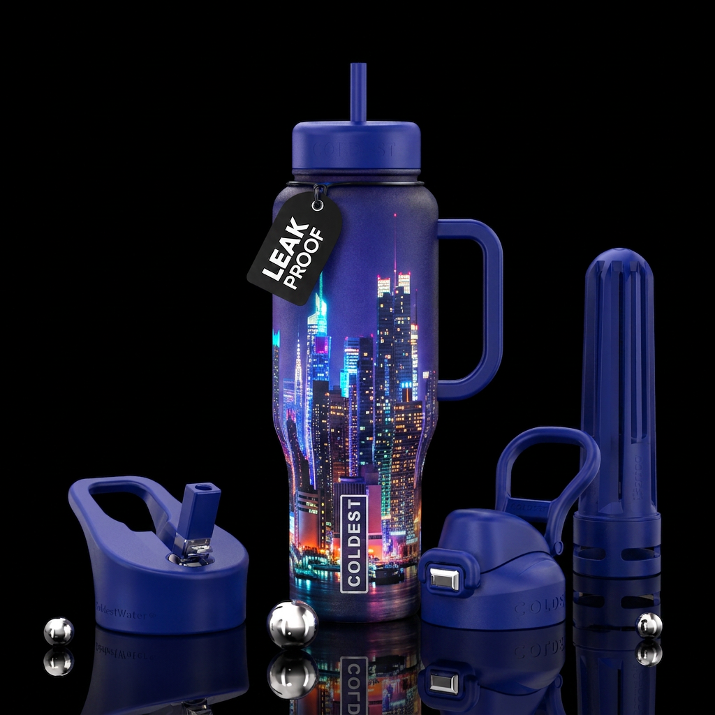 Glowie city night skyline water bottle design