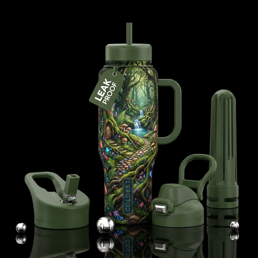 whimsical fairy garden in the woods water bottle design
