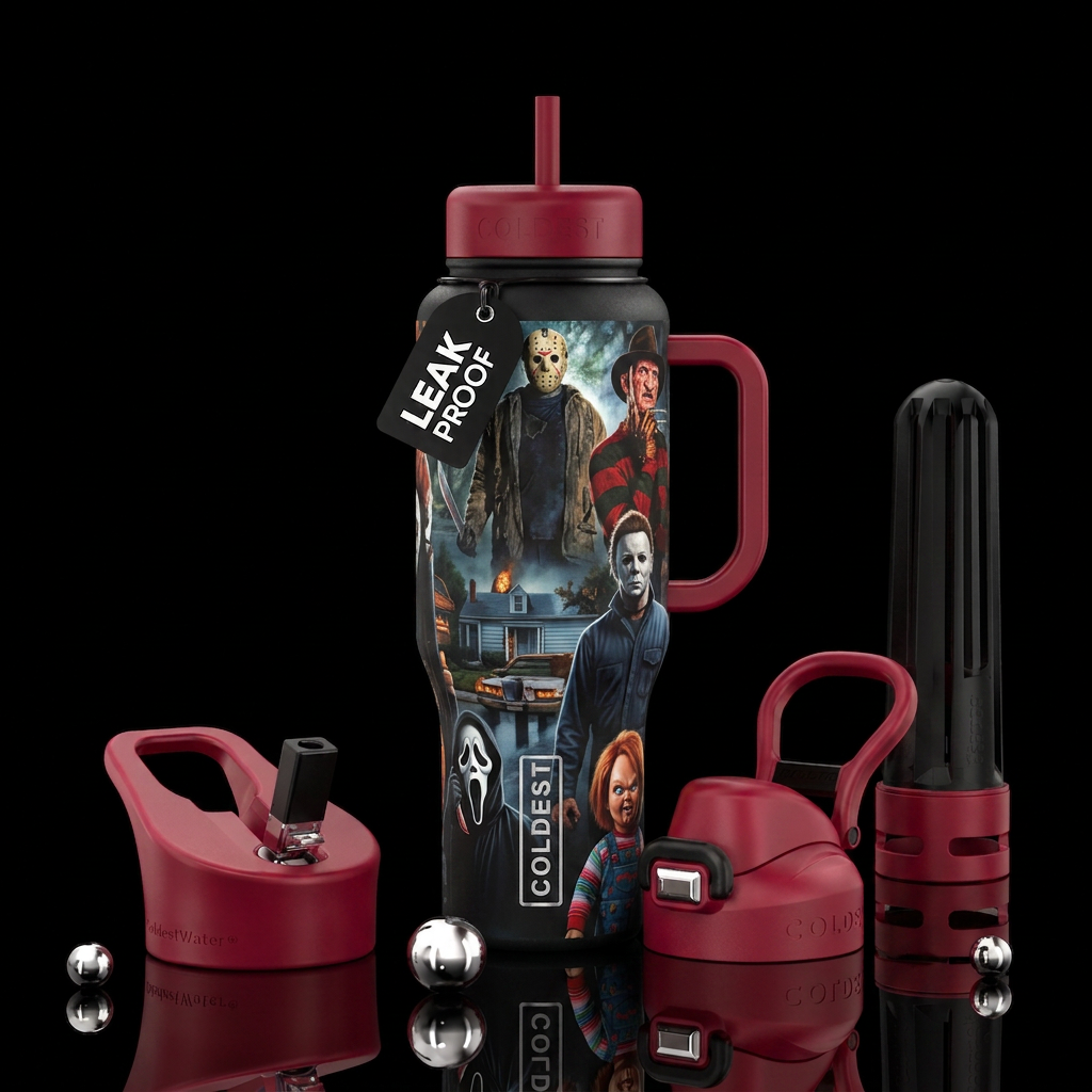 Famous horror movie characters in scene water bottle design