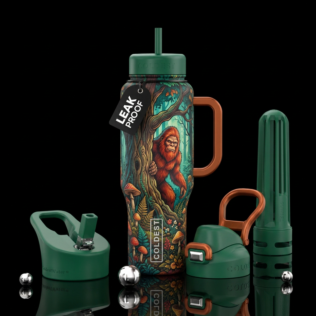 Sasquatch in the woods peaking out from behind a t... water bottle design