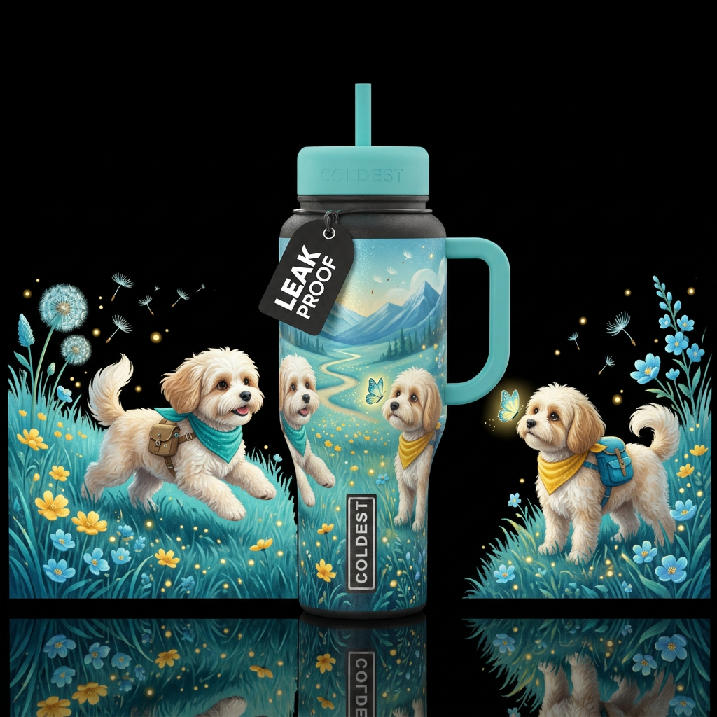 Two fluffy Cavachon dogs enjoying a magical wildfl... water bottle design