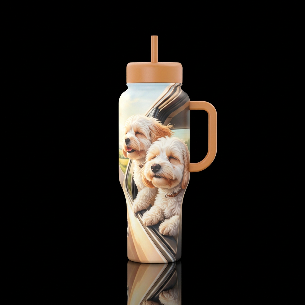 Two fluffy white cavachon dogs with apricot highli... water bottle design