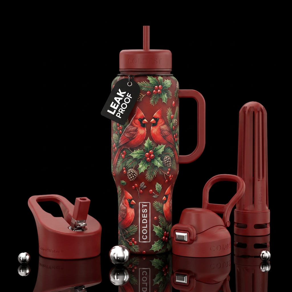Christmas theme with red birds water bottle design