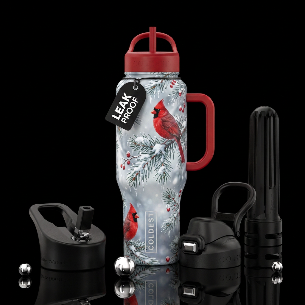 Snowy Christmas theme with red birds water bottle design