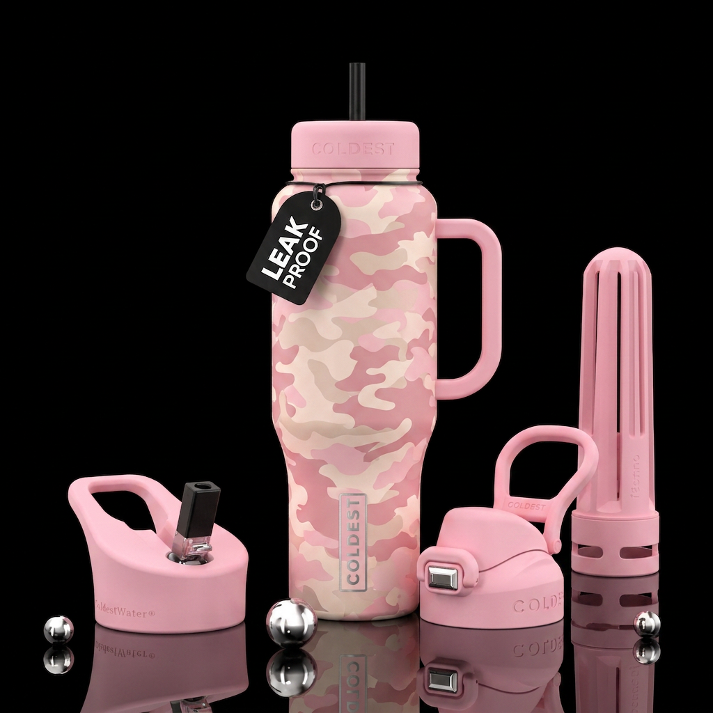All over Light pink camo water bottle design