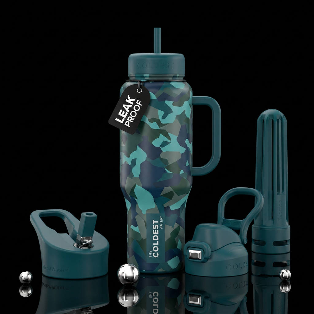 All over teal camo water bottle design