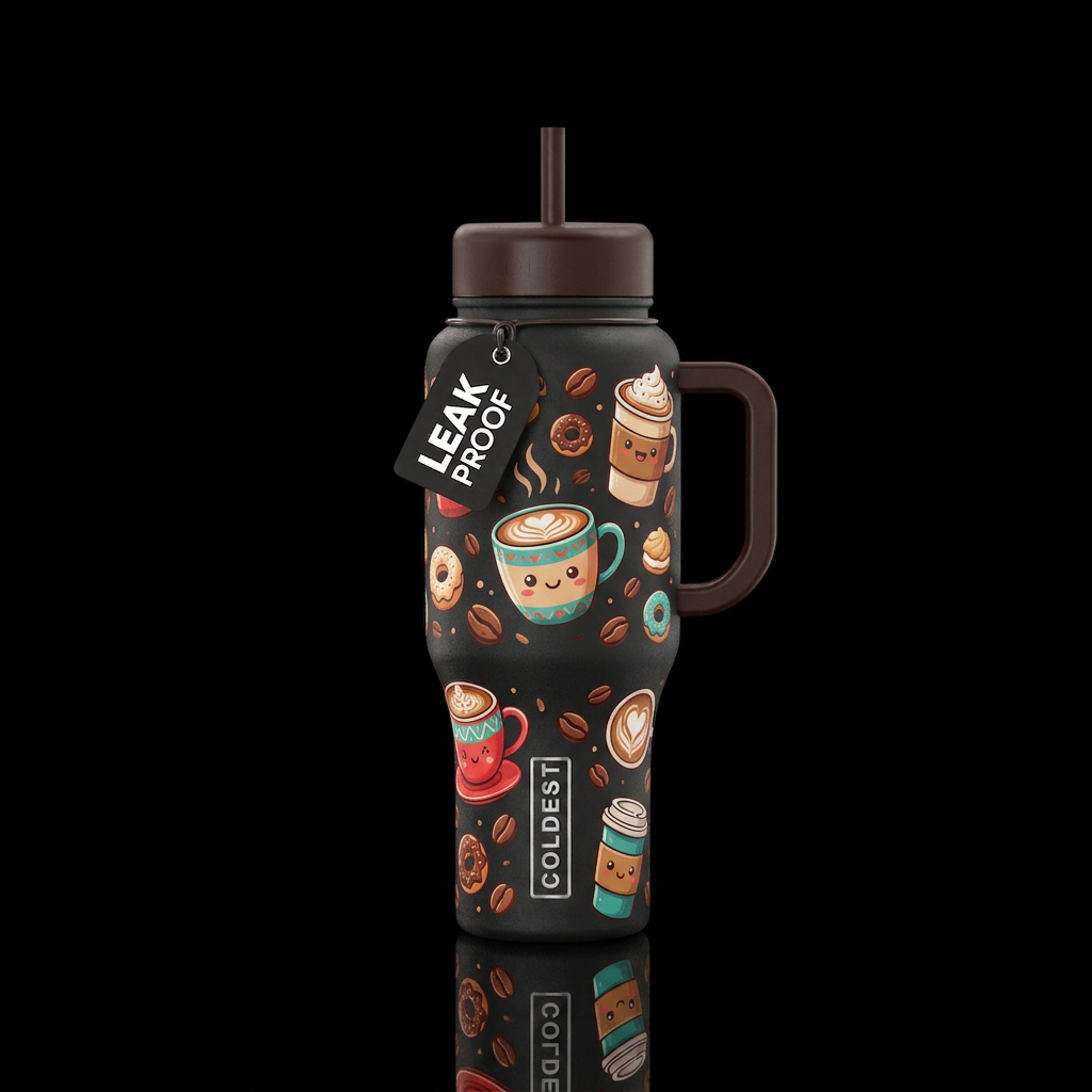 Cutsie coffee/lattes with coffee beans scattered water bottle design