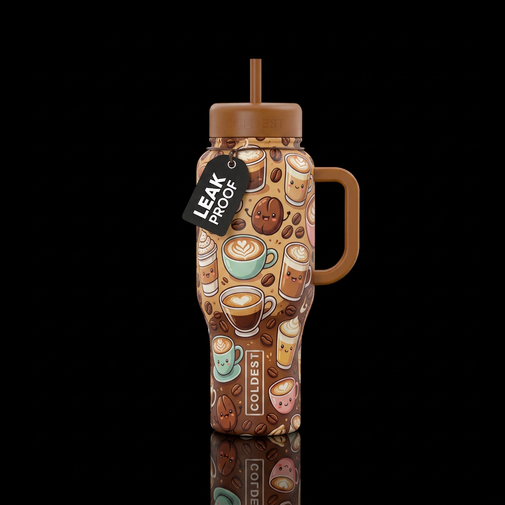Cutsie coffee/lattes with coffee beans scattered water bottle design