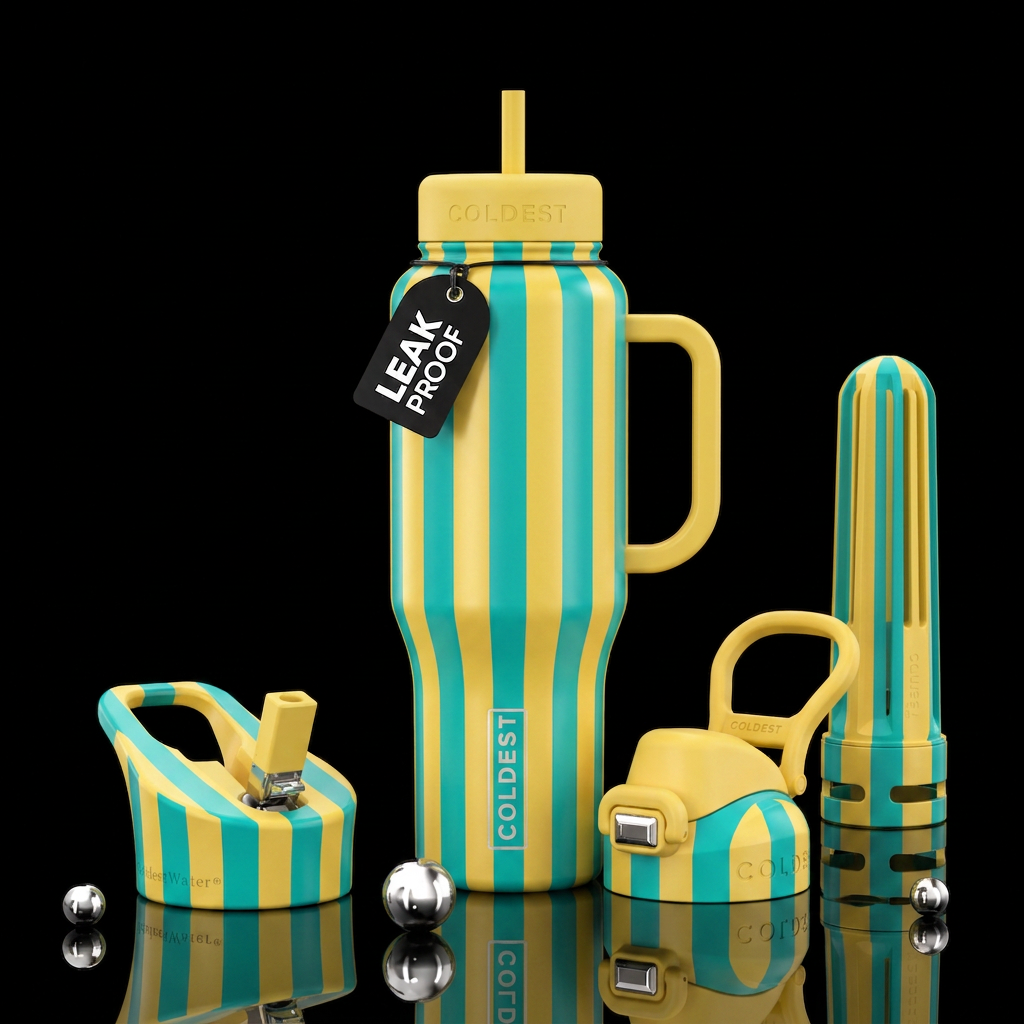 Teal and butter yellow vertical stripes water bottle design