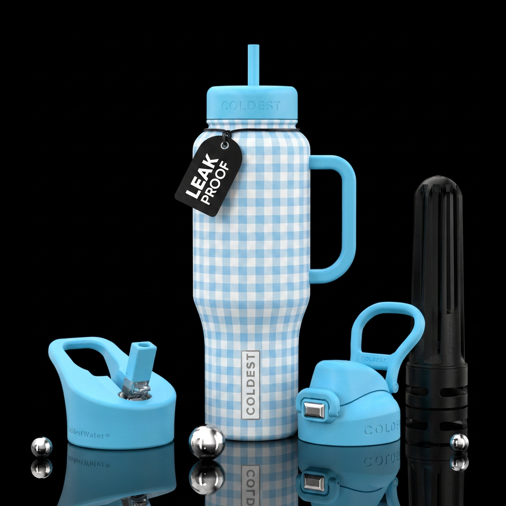 Light blue gingham water bottle design