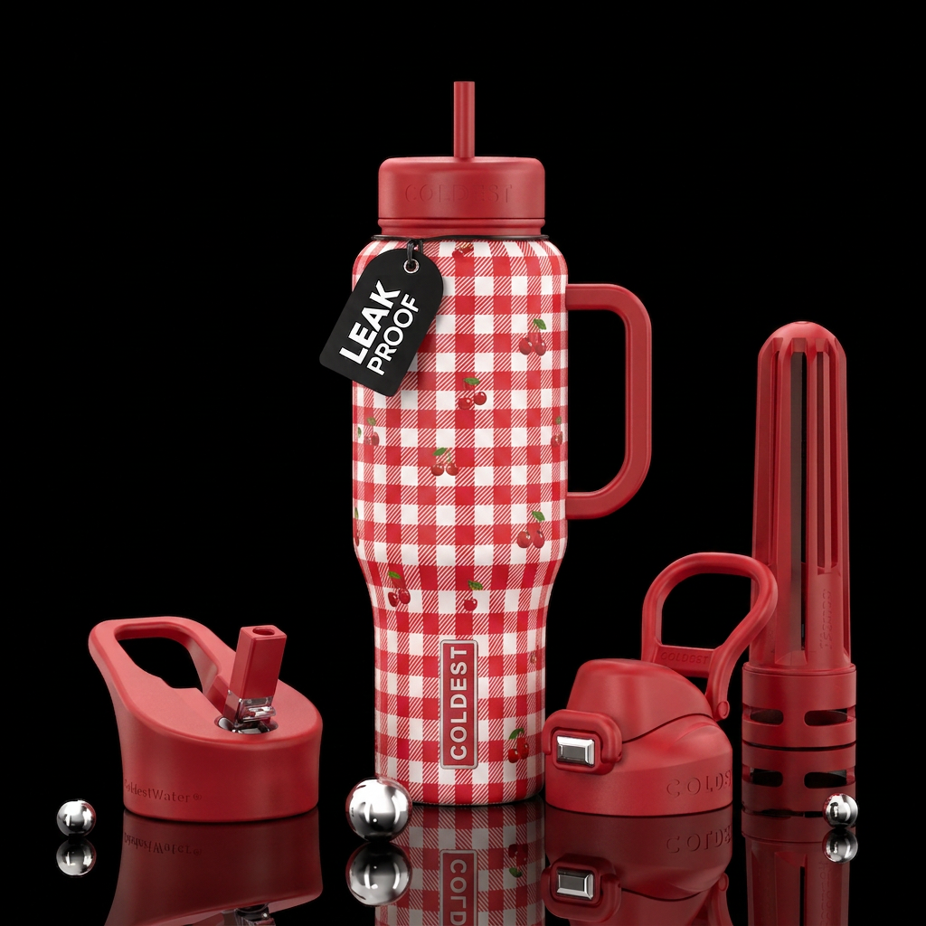 red gingham with little cherries spinkled around water bottle design