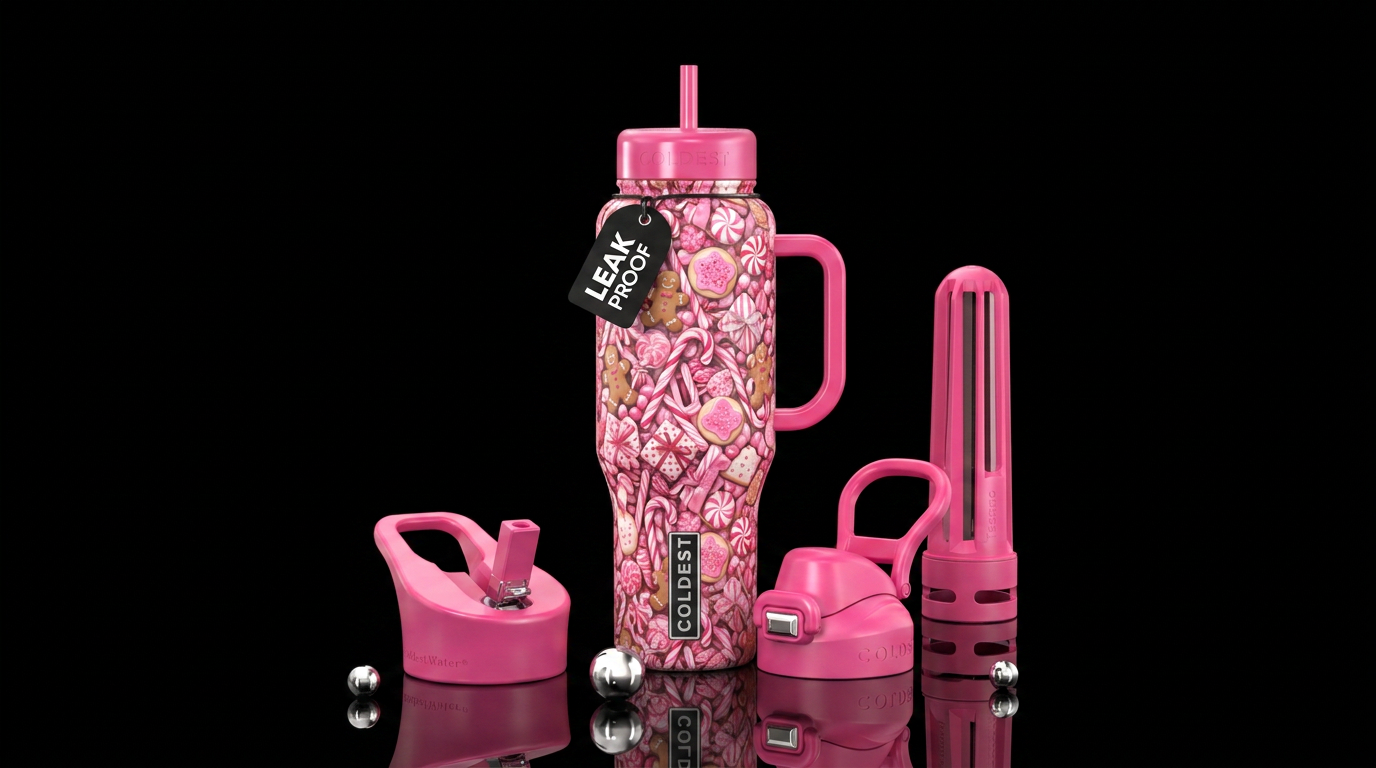 Pink candy christmas theme water bottle design