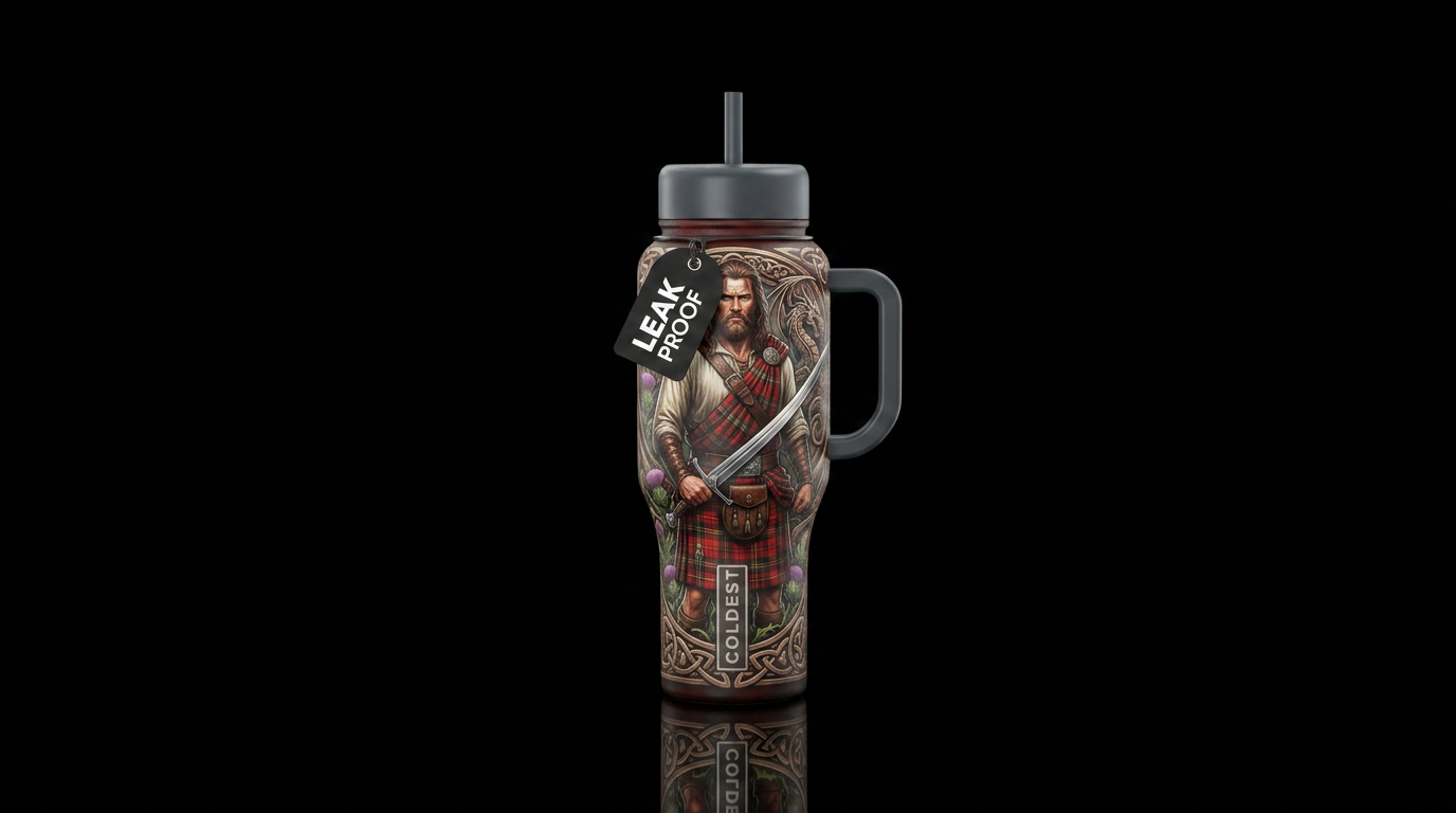 Highlander with read plaid kilt and broad sword an... water bottle design
