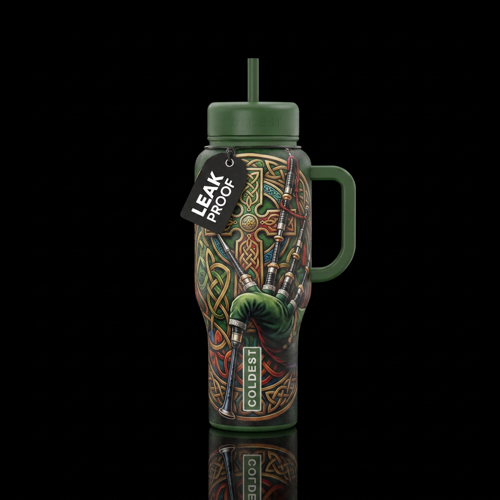 bagpipes with celtic designs, photorealistic, deta... water bottle design