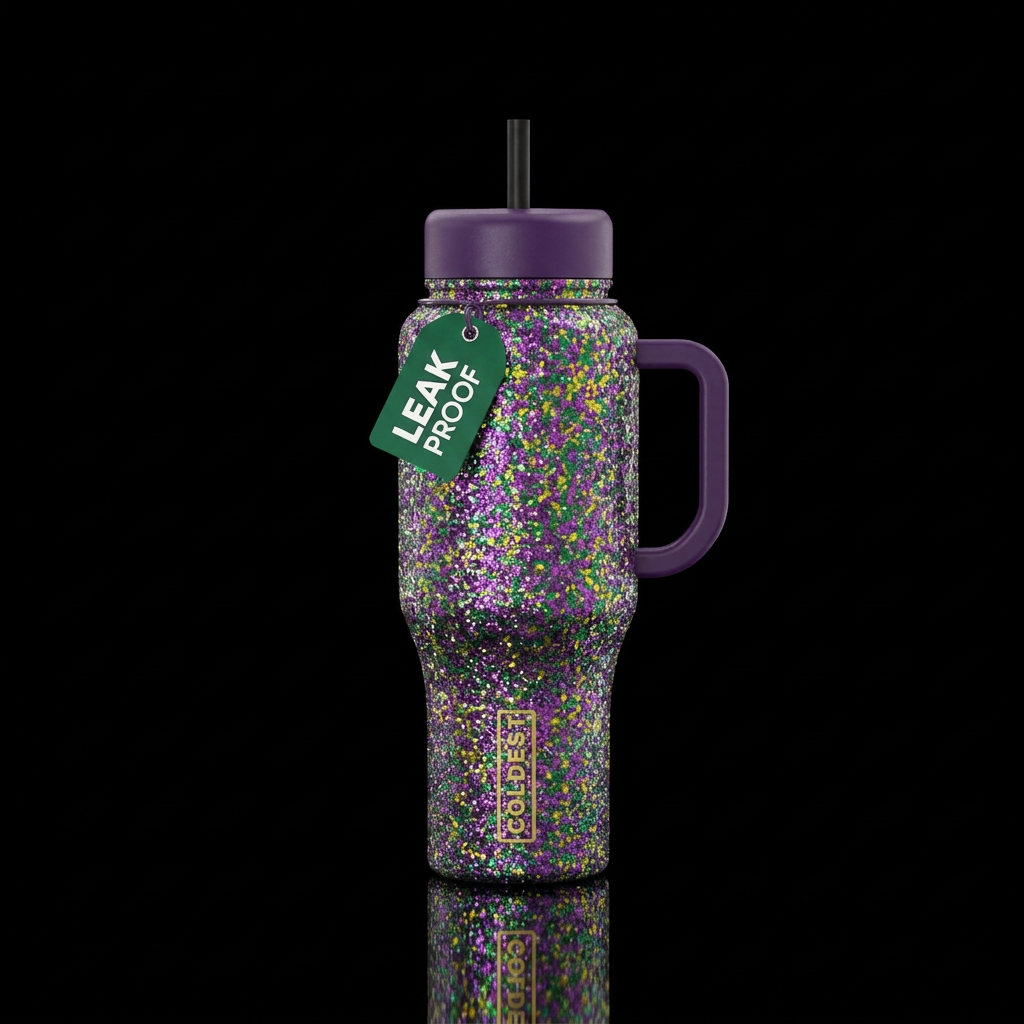 All glitter purple green yellow water bottle design