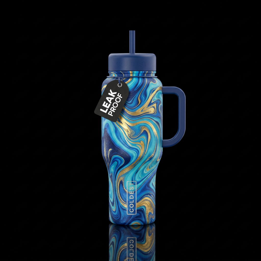 All different blues swirled with gold water bottle design