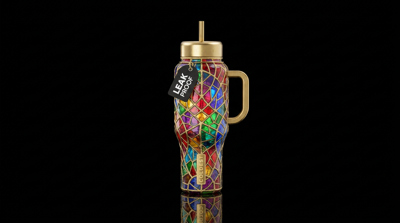 Stained glass with gold water bottle design