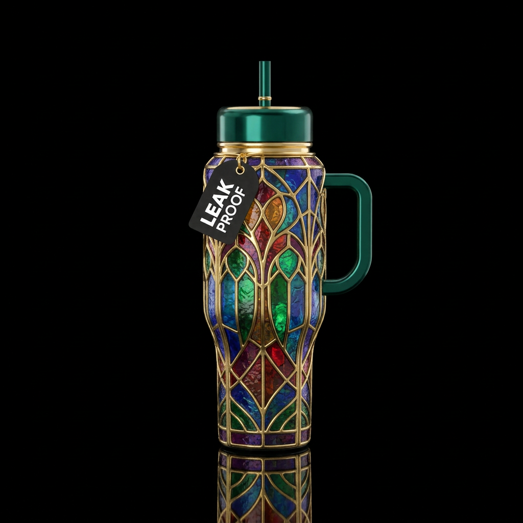 Stained glass with gold water bottle design