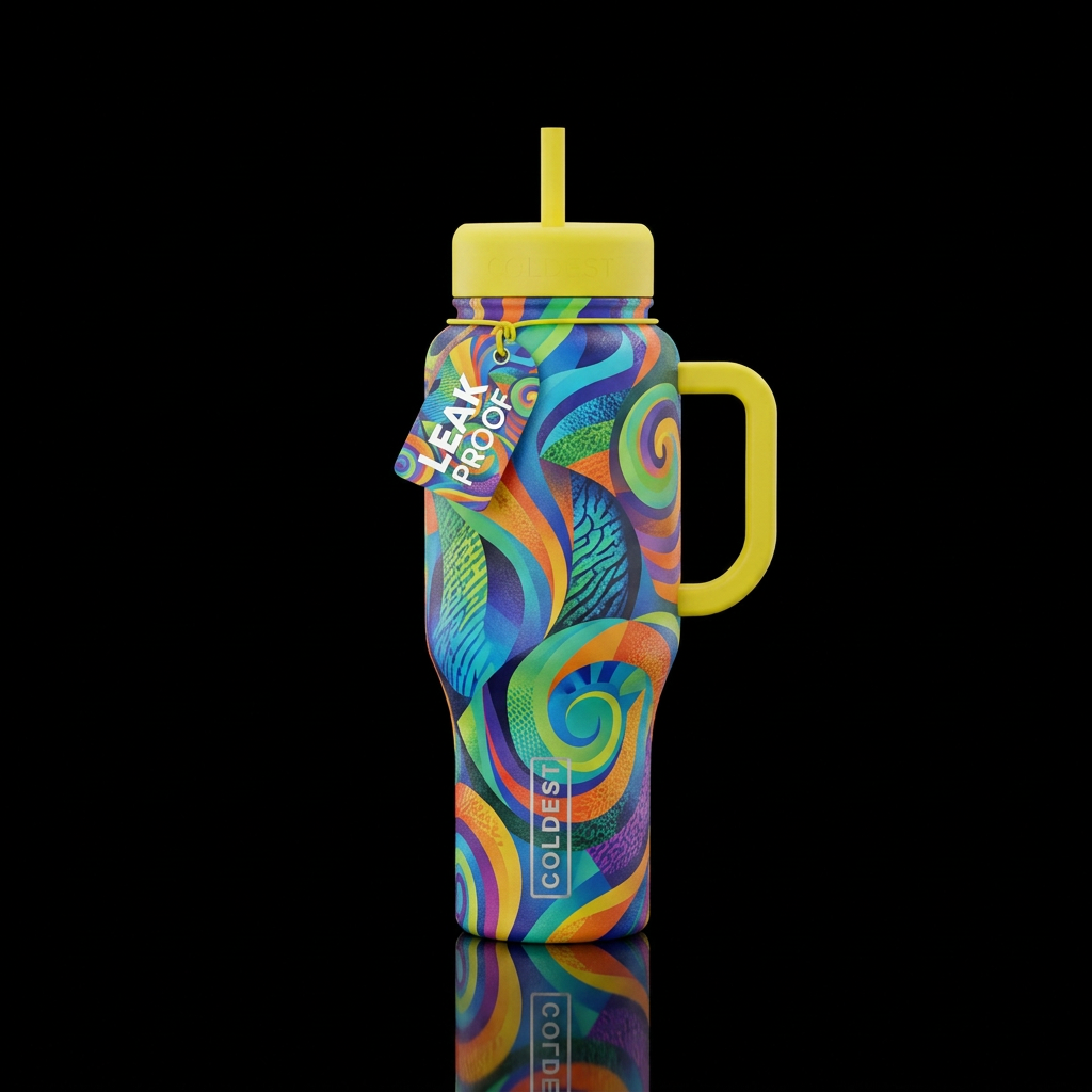 Yellow lids and handle with an abstract design water bottle design