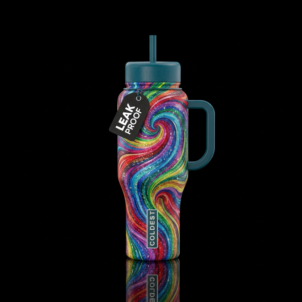 Swirls with all different colors and glitter water bottle design