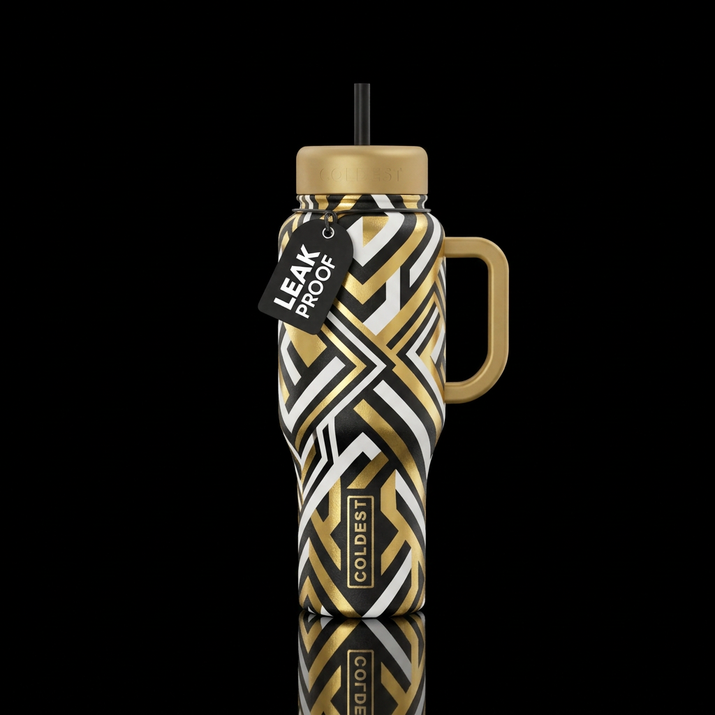 Black and white with gold water bottle design