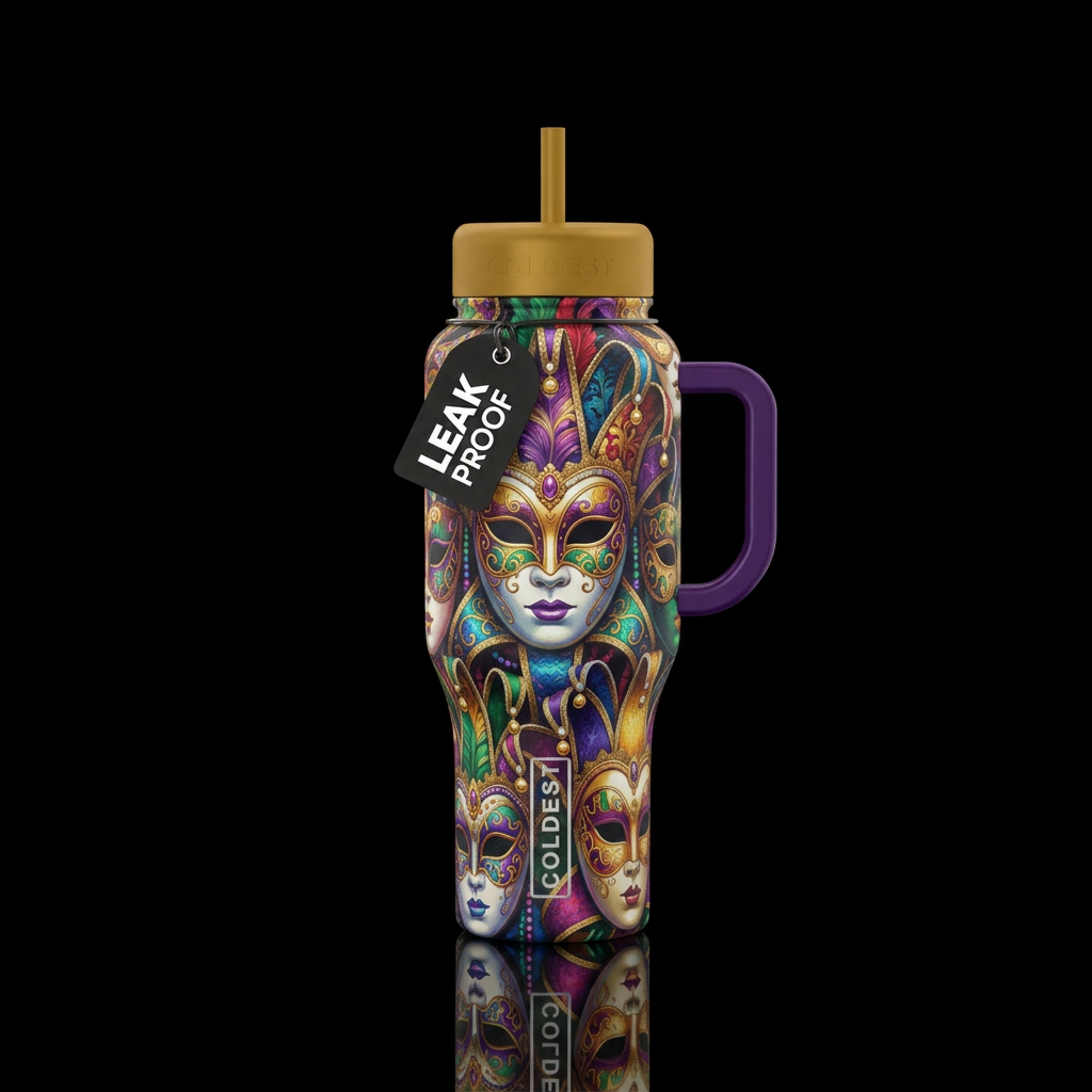 Very colorful Mardi gras masks water bottle design