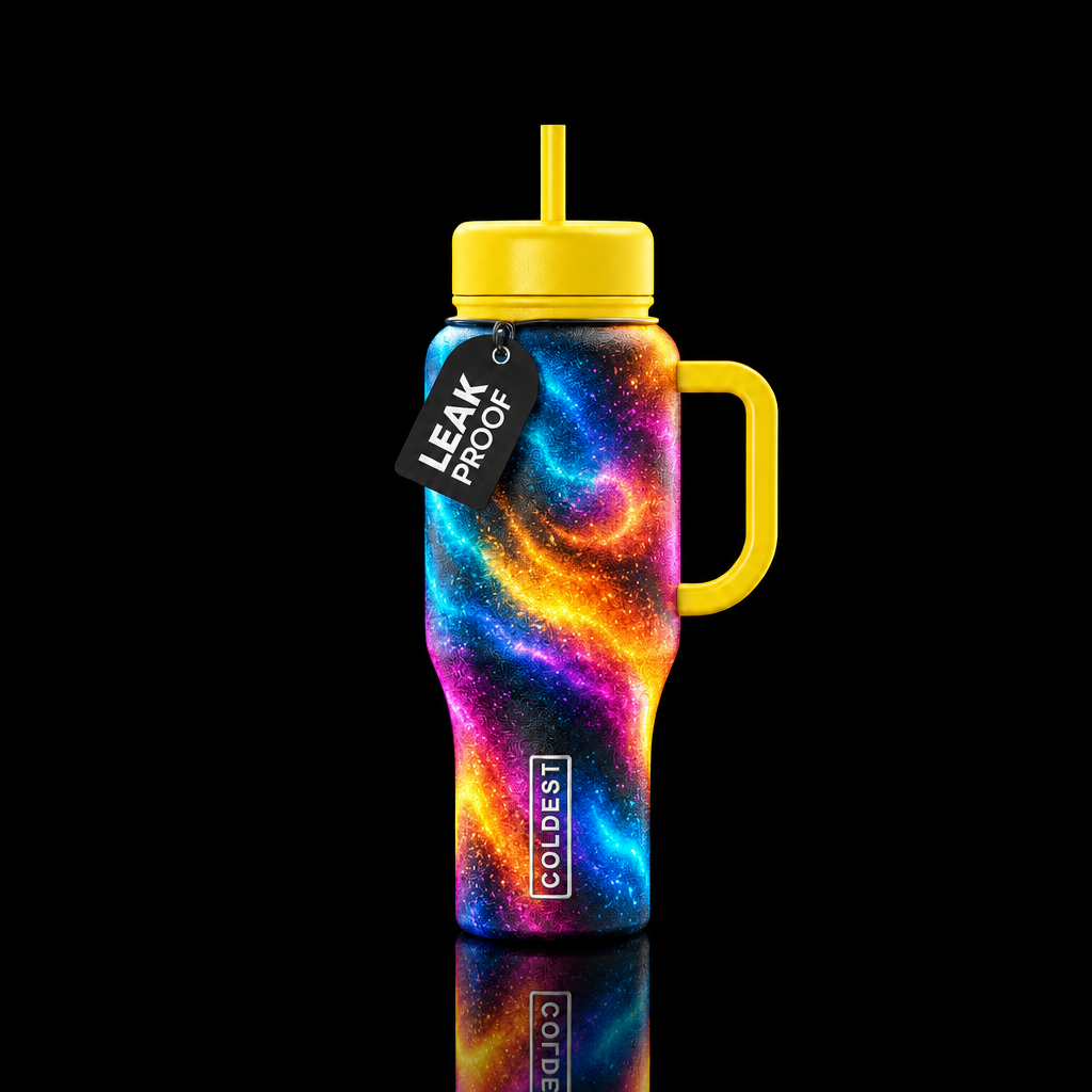 Yellow handle and lids on multi colored bottle tha... water bottle design